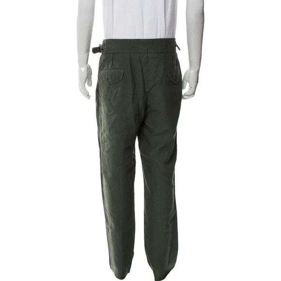 Rubinacci Manny Olive 100% Linen Ghurkha Trousers 48It Adjustable waist 32x28.5